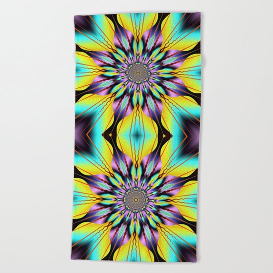 Fantasy sunflower with wavy rays and patterns Beach Towel