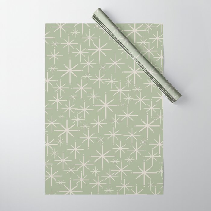 Mid Century Modern Twinkling Retro Starburst Pattern in Sage Green and Beige Wrapping Paper
