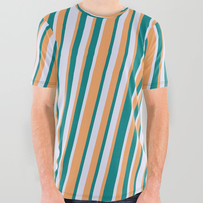 Brown, Teal, and Lavender Colored Lined Pattern All Over Graphic Tee