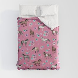Pink Horse Print, Hand Drawn, Horses and Flowers, Girls Room, Duvet Cover