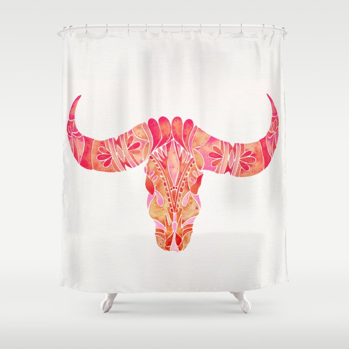 Water Buffalo Skull – Pink Ombré Shower Curtain