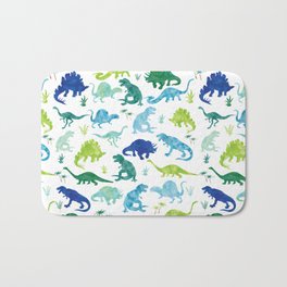 Watercolor Dinosaur Pattern White Green Blue Bath Mat