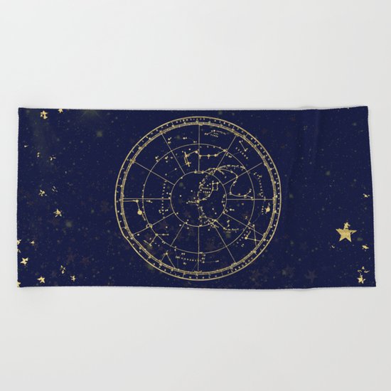Metallic Gold Vintage Star Map 3 Beach Towel