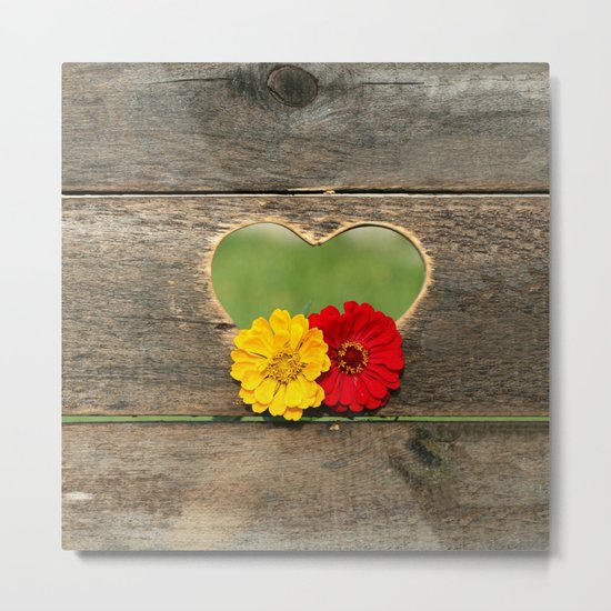 Wooden Heart with Flowers Metal Print