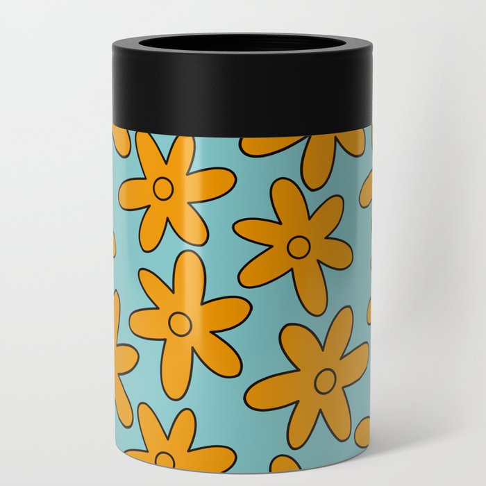 cute blue and yellow retro mystery machine flower pattern Can Cooler