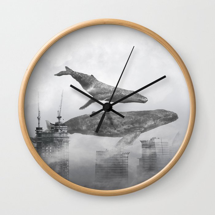 Whale Passing Buildings Wall Clock