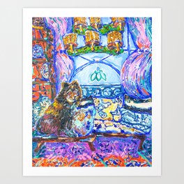 Matisse inspired Dog sitting on a cozy bench in a colourful interior.Drapery, patterned curtains , vintage lamp, window , cozy pillows Art Print
