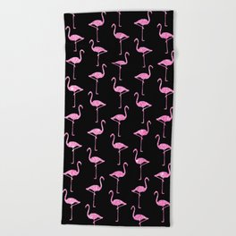 Pink Glitter Flamingo Pattern  |  Black Background Beach Towel