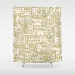 cafe buildings olive Shower Curtain