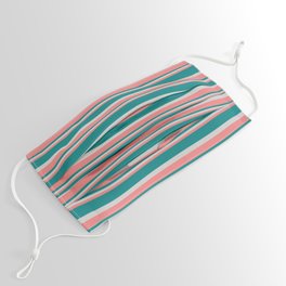 [ Thumbnail: Light Coral, Teal, and Light Grey Colored Lined/Striped Pattern Face Mask ]