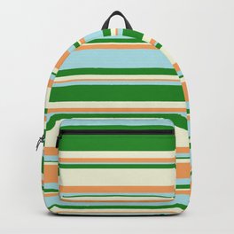 [ Thumbnail: Forest Green, Beige, Brown & Powder Blue Colored Striped Pattern Backpack ]