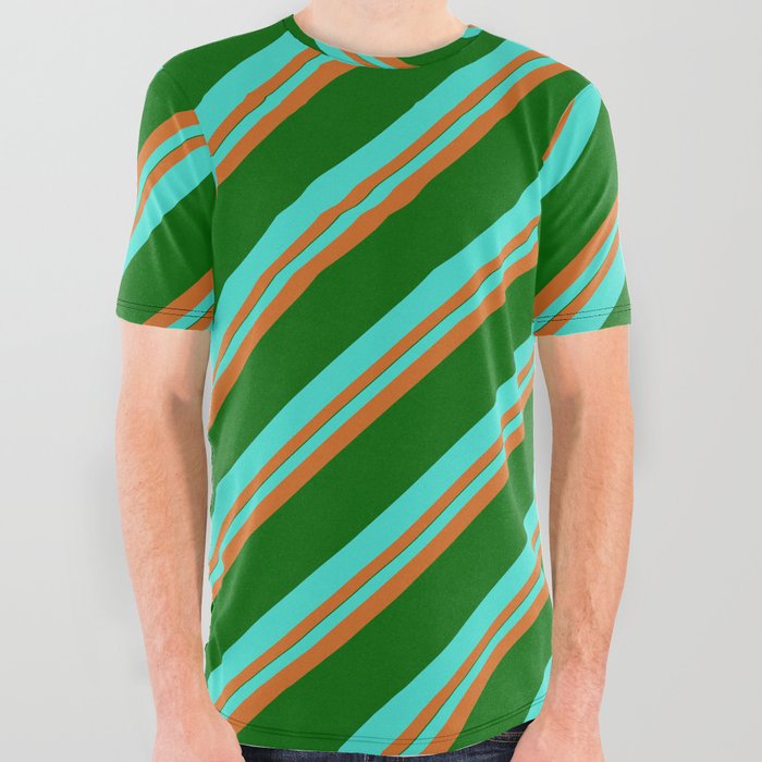 Turquoise, Chocolate & Dark Green Colored Stripes Pattern All Over Graphic Tee