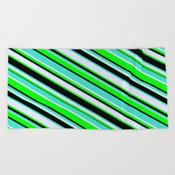Turquoise, Lavender, Lime & Black Colored Lines Pattern Beach Towel