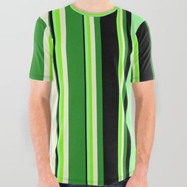 [ Thumbnail: Eyecatching Green, Chartreuse, Beige, Forest Green & Black Colored Stripes/Lines Pattern All Over Graphic Tee ]