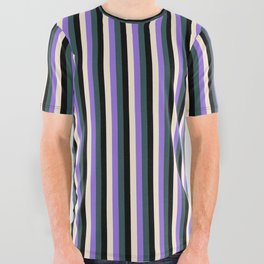 [ Thumbnail: Purple, Dark Slate Gray, Black & Beige Colored Lined/Striped Pattern All Over Graphic Tee ]