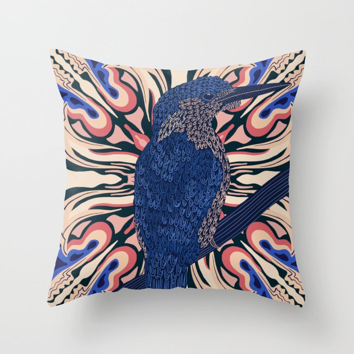 Gorgeous Kingfisher sitting on branch with patterned background Throw Pillow