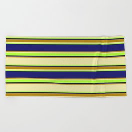 [ Thumbnail: Pale Goldenrod, Light Green, Midnight Blue & Dark Goldenrod Colored Lined/Striped Pattern Beach Towel ]