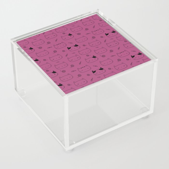 Magenta and Black Doodle Kitten Faces Pattern Acrylic Box