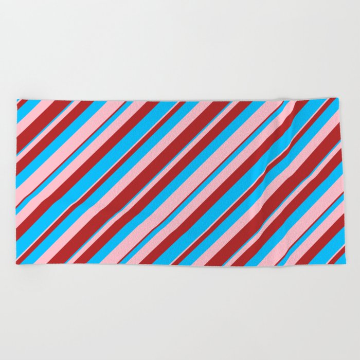 Deep Sky Blue, Pink, and Red Colored Lined/Striped Pattern Beach Towel