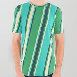 [ Thumbnail: Sea Green, Light Yellow, Turquoise, and Dark Slate Gray Colored Striped Pattern All Over Graphic Tee ]