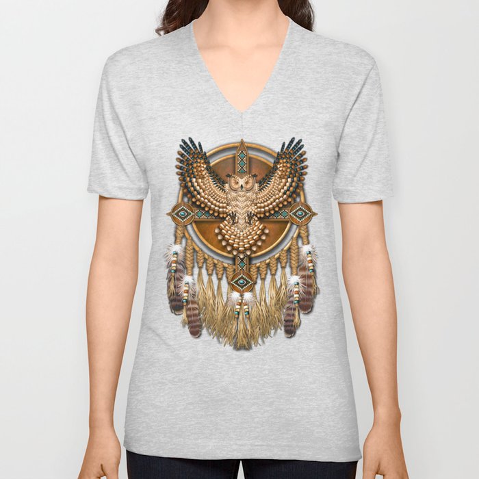Native American-Style Great Horned Owl Mandala V Neck T Shirt