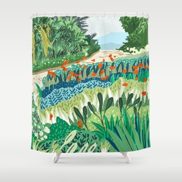 Solo Walk, Nature Jungle Forest Tropical Colorful Vibrant Bortanical Illustration Painting Shower Curtain