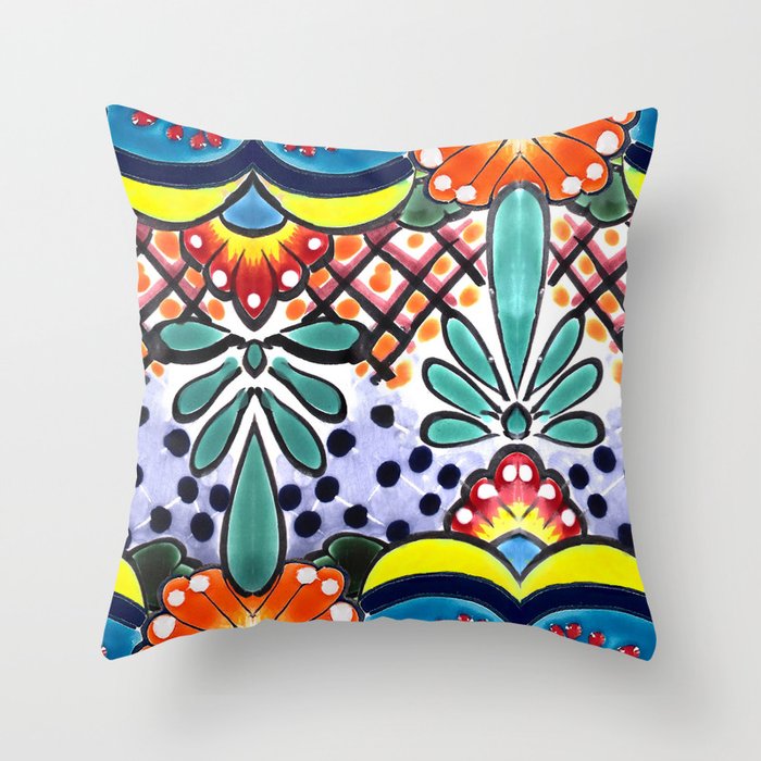 Colorful Talavera, Yellow Accent, Large, Mexican Tile Design Throw Pillow