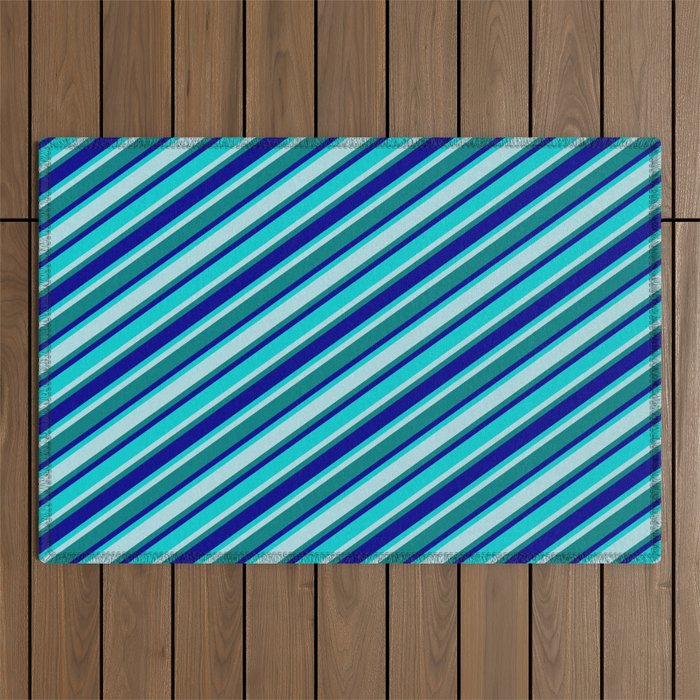 Dark Turquoise, Powder Blue, Teal & Dark Blue Colored Striped/Lined Pattern Outdoor Rug