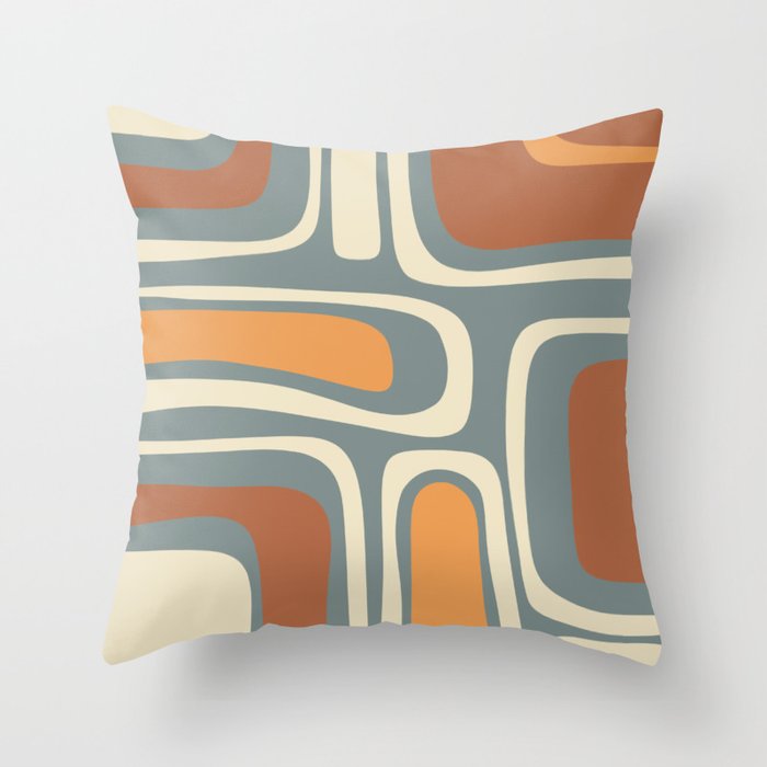 Palm Springs Retro Mid-Century Modern Abstract Pattern Slate Blue Orange Rust Cream Throw Pillow