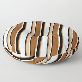 [ Thumbnail: Brown, Tan, Light Cyan & Black Colored Striped/Lined Pattern Floor Pillow ]