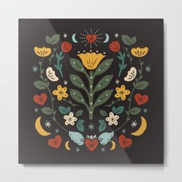 Folk Floral | Fall Colors Metal Print | Fall Art, Flaming Heart, Chalk Charcoal, Milagro Heart, Floral, Moon, Leaves, Woodcut, Autumn, Cottage Core 