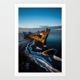 Old wooden shipwreck in ice Art Print
