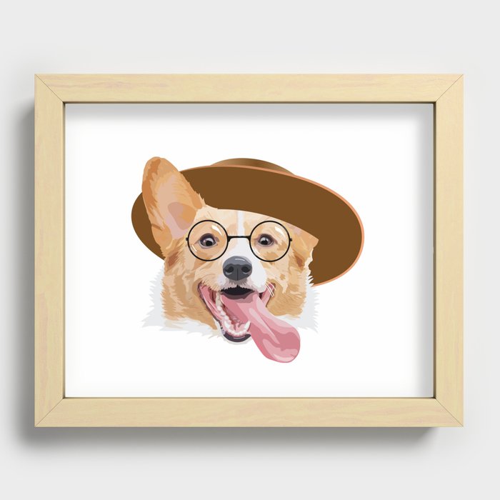 Smiling Corgi with Round Glasses and Hat Recessed Framed Print