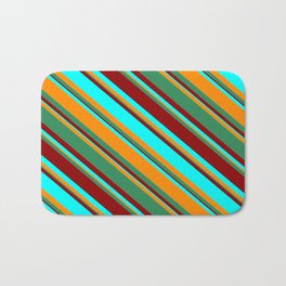 [ Thumbnail: Dark Orange, Sea Green, Dark Red, and Aqua Colored Stripes/Lines Pattern Bath Mat ]