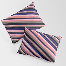 [ Thumbnail: Eye-catching Pink, Light Coral, Dim Grey, Black, and Midnight Blue Colored Stripes Pattern Pillow Sham ]