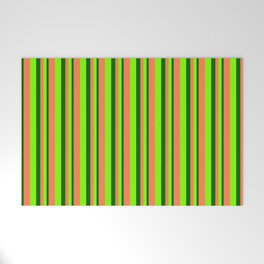 [ Thumbnail: Dark Green, Chartreuse & Coral Colored Lined/Striped Pattern Welcome Mat ]