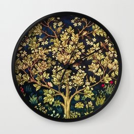 William Morris original Tree of Life reflecting water of garden lily pond twilight black nature landscape painting for drapes, curtains, pillows, duvets, prints, and wall and home decor Wall Clock