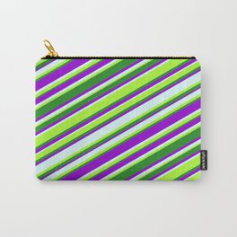 [ Thumbnail: Dark Violet, Light Cyan, Light Green & Forest Green Colored Lines Pattern Carry-All Pouch ]