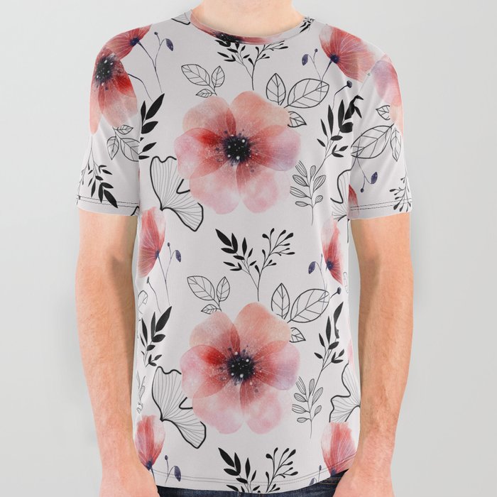 Pretty Watercolor Pink Floral Pattern All Over Graphic Tee