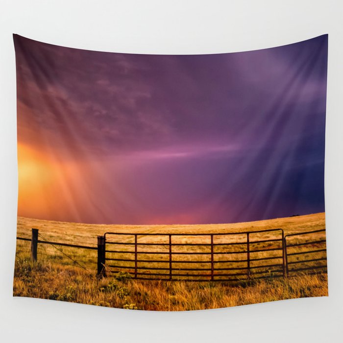 Western Front - Colorful Sky Over Fence Gate on Stormy Day in Oklahoma Wall Tapestry