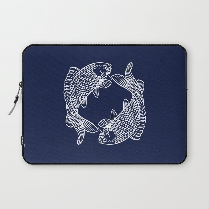 Navy Blue Feng Shui Yin Yang Harmony Koi Minimalist Line Drawing Laptop Sleeve
