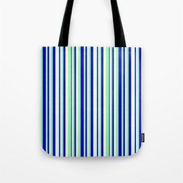 [ Thumbnail: Mint Cream, Green, and Blue Colored Pattern of Stripes Tote Bag ]