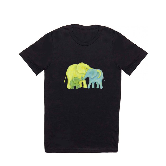 Elephant Family of Three in Yellow, Blue and Green T Shirt