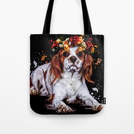cavalier king Charles spaniel with flower Tote Bag