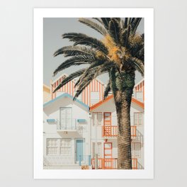 Palm Tree - Colorful Pastel Striped Beach Houses - Europe Travel Photography Art Print