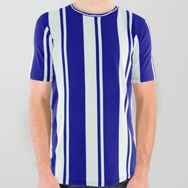[ Thumbnail: Mint Cream and Dark Blue Colored Striped/Lined Pattern All Over Graphic Tee ]