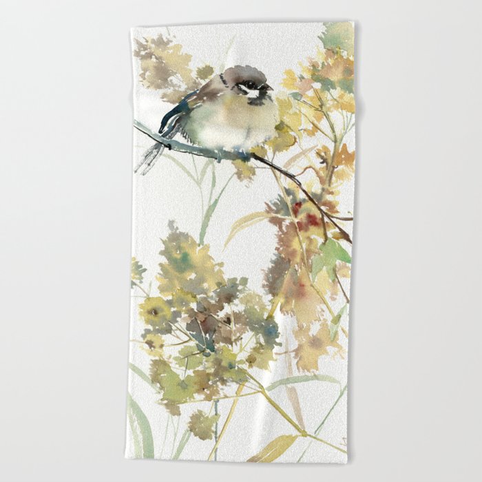 Sparrow and Dry Plants, fall foliage bird art bird design old fashion floral design Beach Towel