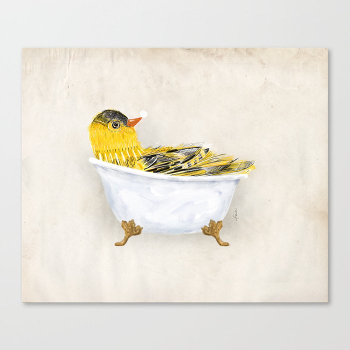Canary Yellow Bird clawfoot tub bubble bath soap art artwork birdbath  Canvas Print