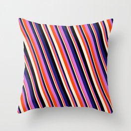 [ Thumbnail: Vibrant Midnight Blue, Orchid, Red, Beige & Black Colored Striped/Lined Pattern Throw Pillow ]