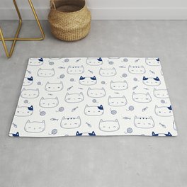 Blue Doodle Kitten Faces Pattern Area & Throw Rug